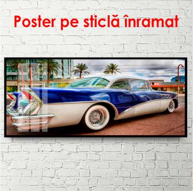 Poster - Mașină albastră într-un oraș frumos, 90 x 45 см, Poster înrămat, Transport