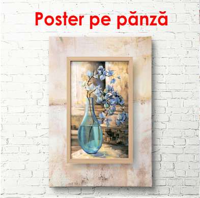 Poster - Vaza albastră de sticlă cu o floare, 60 x 90 см, Poster inramat pe sticla