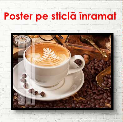 Poster - White cup of coffee, 90 x 60 см, Framed poster on glass, Food and Drinks