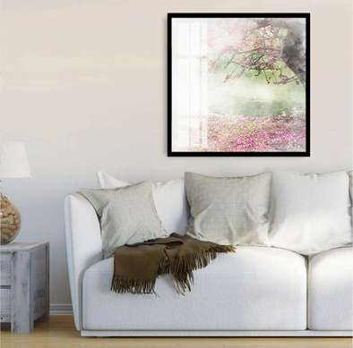 Постер - Дерево в цветах в тумане, 40 x 40 см, Холст на подрамнике, Ботаника