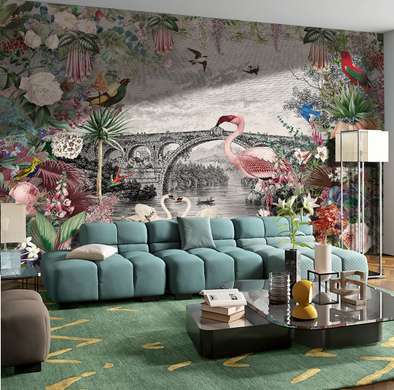 Wall Mural - Flamingos, Swans and other birds in flowers against a black and white town