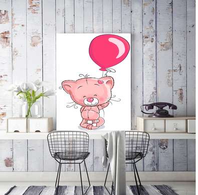 Poster - Pisica cu balon, 30 x 45 см, Panza pe cadru, Pentru Copii