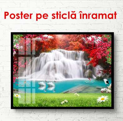 Poster - Uimitoare cascadă de toamnă în pădure, 45 x 30 см, Panza pe cadru, Natură