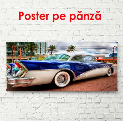 Постер - Синий автомобиль в красивом городе, 90 x 45 см, Постер в раме, Транспорт