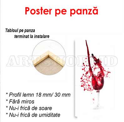 Poster - Paharul cu vin roșu și stropi pe un fundal alb, 45 x 90 см, Poster inramat pe sticla, Alimente și Băuturi