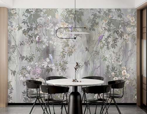 Wall mural - Spring leaves and birds in gray purple shades