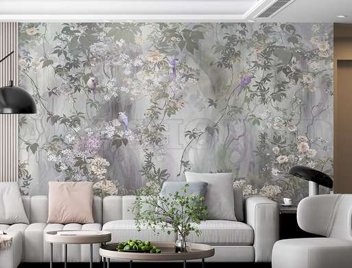 Wall mural - Spring leaves and birds in gray purple shades