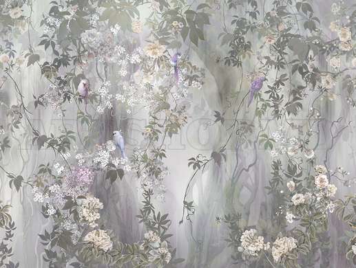 Wall mural - Spring leaves and birds in gray purple shades