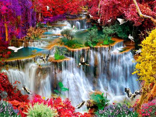 Фотообои - Сказочный красный парк с водопадом