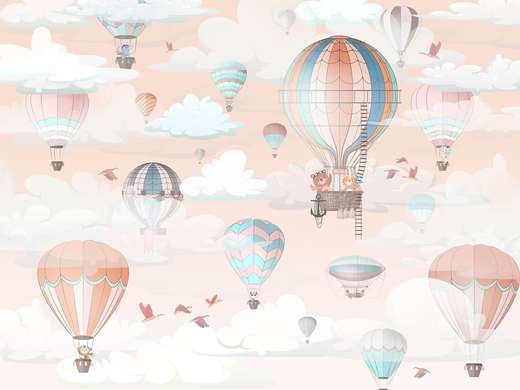 Wall mural for the nursery - Balloons soaring in scarlet clouds