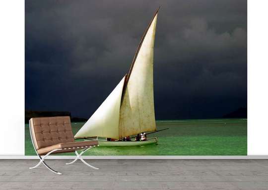 Wall Mural - White sailboat on the water.