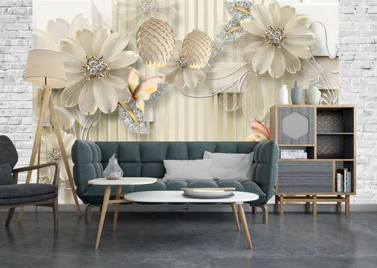 3D Wallpaper - Beige flowers on a 3D background.
