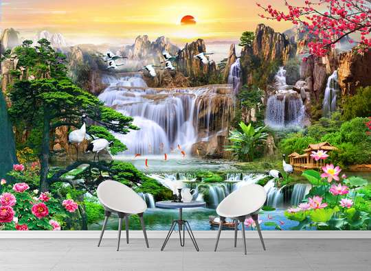 Wall Mural - Waterfall against the backdrop of a sunset in the distant mountains