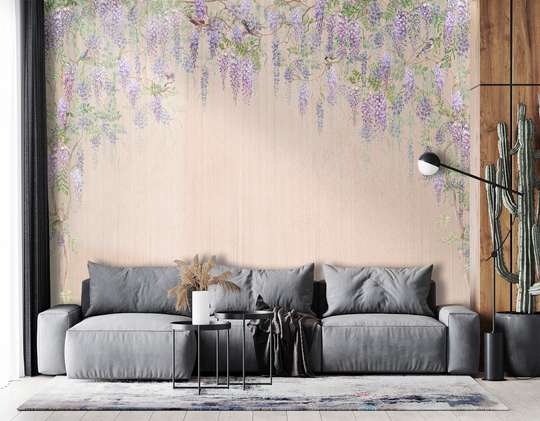 Wall Mural - Wisteria flowers on a pale orange background