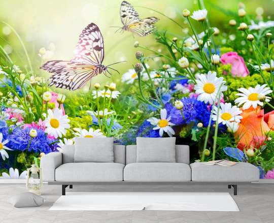Wall Mural - Flower field and butterflies