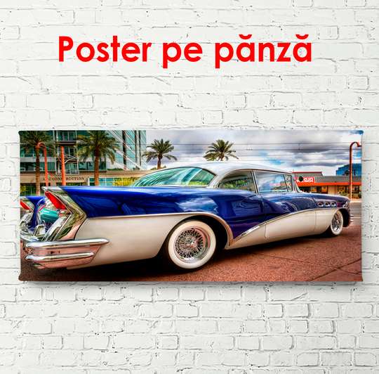 Poster - Mașină albastră într-un oraș frumos, 90 x 45 см, Poster înrămat