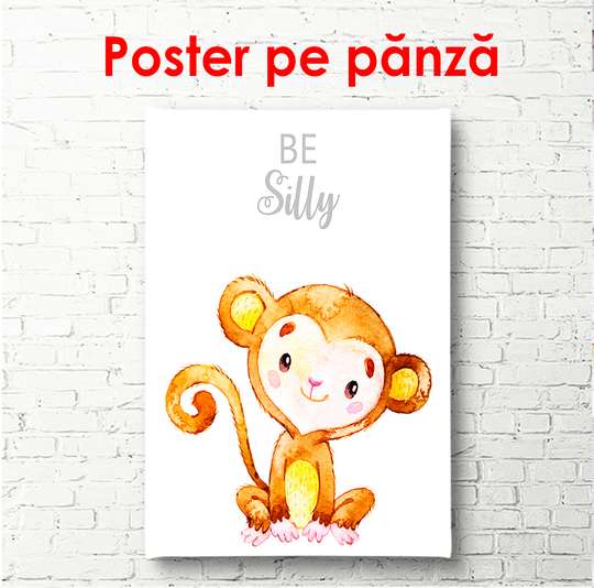 Poster - Maimuță pe un fundal alb, 60 x 90 см, Poster înrămat, Pentru Copii