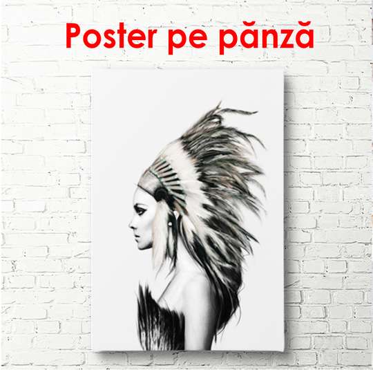Постер - Девушка индеец, 45 x 90 см, Постер в раме, Черно Белые