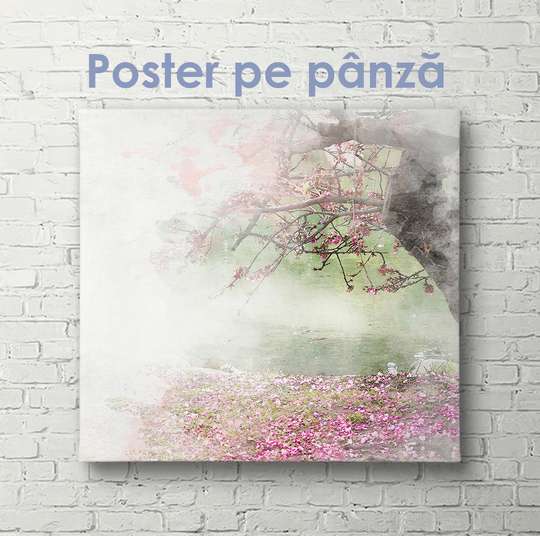 Постер - Дерево в цветах в тумане, 40 x 40 см, Холст на подрамнике