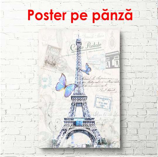 Poster - Eiffel Tower with blue butterfly, 60 x 90 см, Framed poster