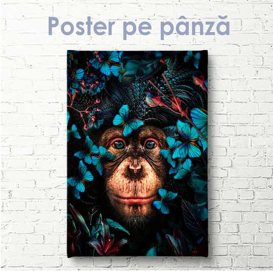 Постер, Обезьяна вокруг голубых бабочек, 30 x 60 см, Холст на подрамнике, Животные