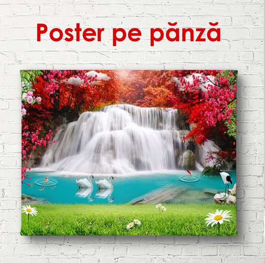 Poster - Uimitoare cascadă de toamnă în pădure, 45 x 30 см, Panza pe cadru
