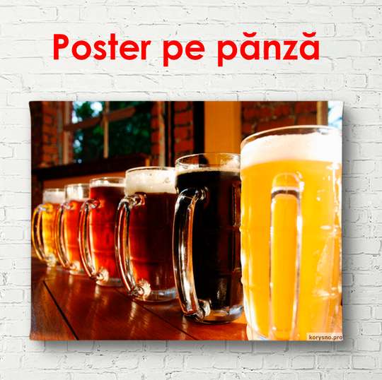 Постер - Бокалы с пивом на столе, 90 x 60 см, Постер в раме, Еда и Напитки