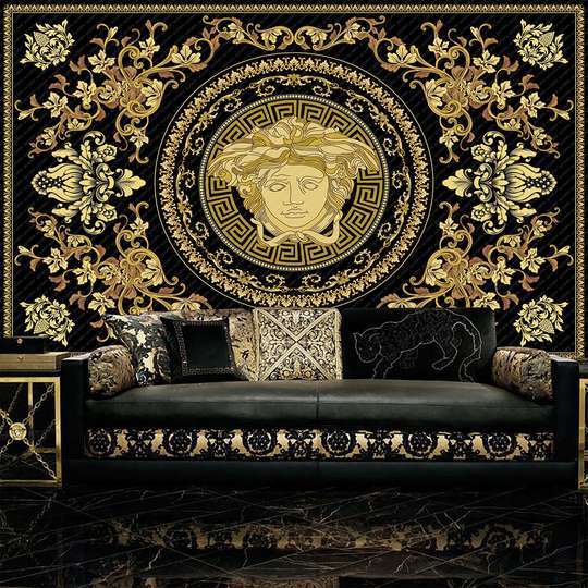 Wall Mural - Versace sign on a black background with golden elements