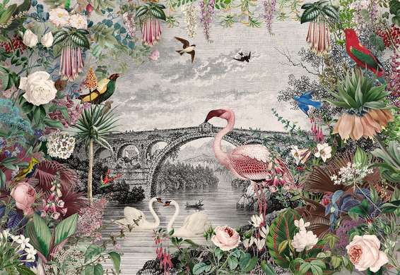 Wall Mural - Flamingos, Swans and other birds in flowers against a black and white town