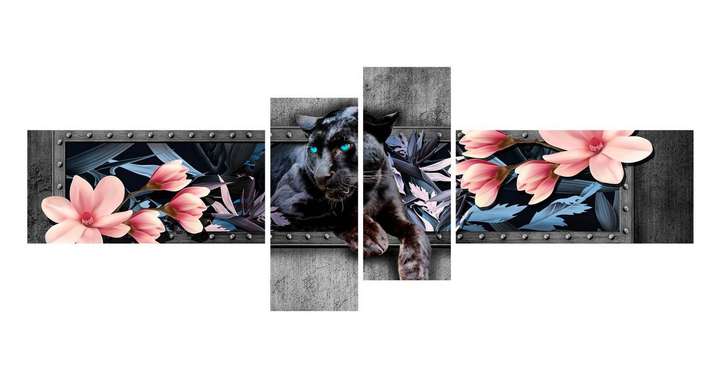 Modular picture, Black panther with pink flowers on a gray background, 220 x 81,5