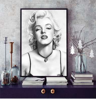 Постер - Черно белый портрет Мэрилин Монро, 60 x 90 см, Постер в раме, Личности