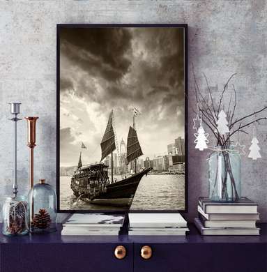 Poster - Barca cu steaguri, 30 x 45 см, Panza pe cadru, Alb Negru