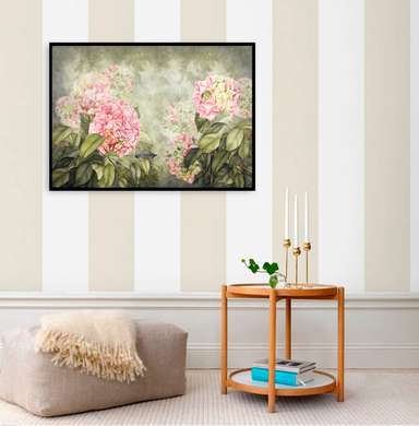 Poster - Delicate pink flowers against a green background, 90 x 60 см, Framed poster, Botanical