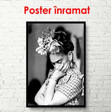 Poster - Frida Kahlo Black and white portrait, 60 x 90 см, Framed poster, Famous People