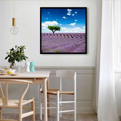 Poster - Green tree in lavender field, 100 x 100 см, Framed poster on glass, Nature