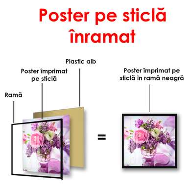 Poster - Purple flowers in a vase on the table, 100 x 100 см, Framed poster on glass, Still Life