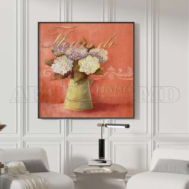 Poster - Yellow vase with a pink flower on a pink background, 100 x 100 см, Framed poster on glass, Provence