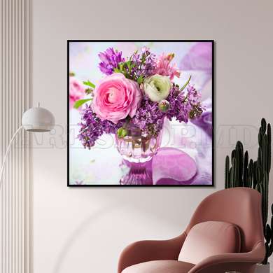 Poster - Purple flowers in a vase on the table, 100 x 100 см, Framed poster on glass, Still Life