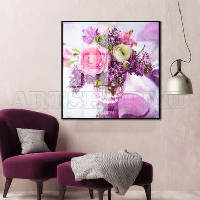 Poster - Purple flowers in a vase on the table, 100 x 100 см, Framed poster on glass, Still Life