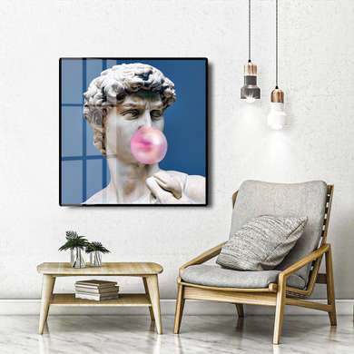 Poster - Statue of David blowing a balloon, 100 x 100 см, Framed poster on glass