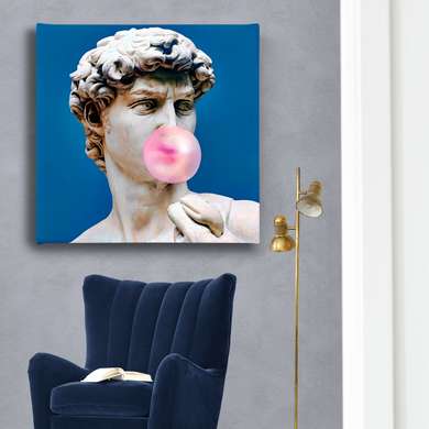 Poster - Statue of David blowing a balloon, 100 x 100 см, Framed poster on glass