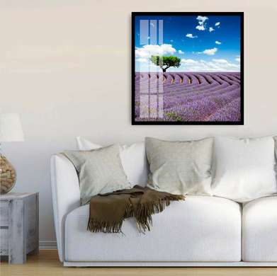 Poster - Green tree in lavender field, 100 x 100 см, Framed poster on glass, Nature