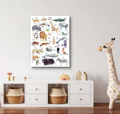 Постер - Алфавит с животными для детей, 60 x 90 см, Постер на Стекле в раме, Для Детей