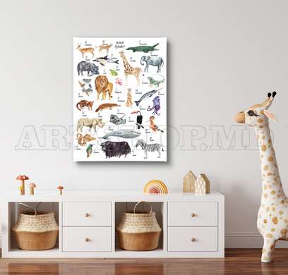 Poster - Alphabet with animals for children, 60 x 90 см, Framed poster on glass, For Kids