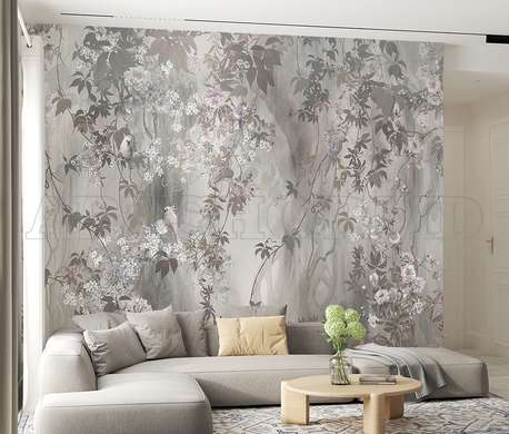 Wall mural - Spring leaves and birds in shades of gray pink