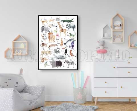 Poster - Alphabet with animals for children, 60 x 90 см, Framed poster on glass, For Kids