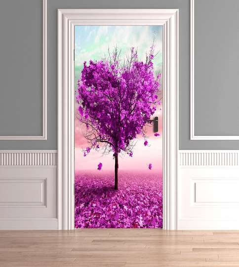 3Д наклейка на дверь, Розовое дерево в виде сердца, 80 х 200cm, Наклейка на Дверь