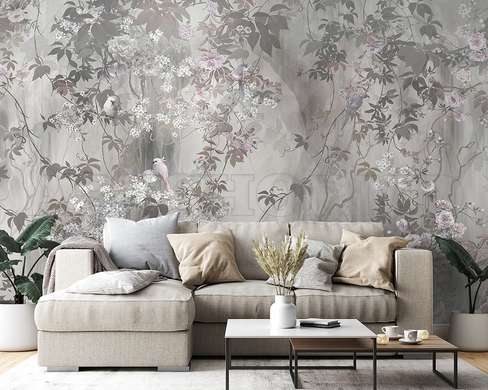 Wall mural - Spring leaves and birds in shades of gray pink