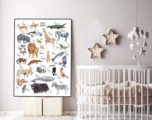 Poster - Alphabet with animals for children, 60 x 90 см, Framed poster on glass, For Kids