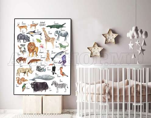 Poster - Alphabet with animals for children, 60 x 90 см, Framed poster on glass, For Kids